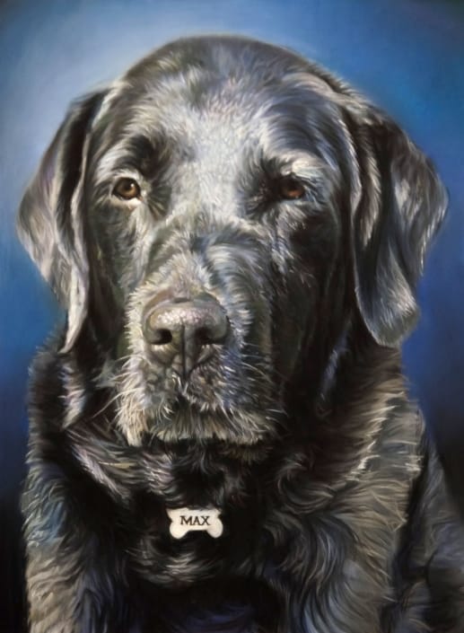 Retrato al pastel de Max, un perro de color negro