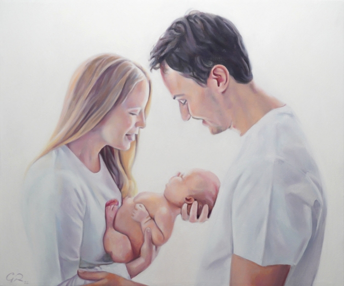 Retrato al oleo familiar con bebé