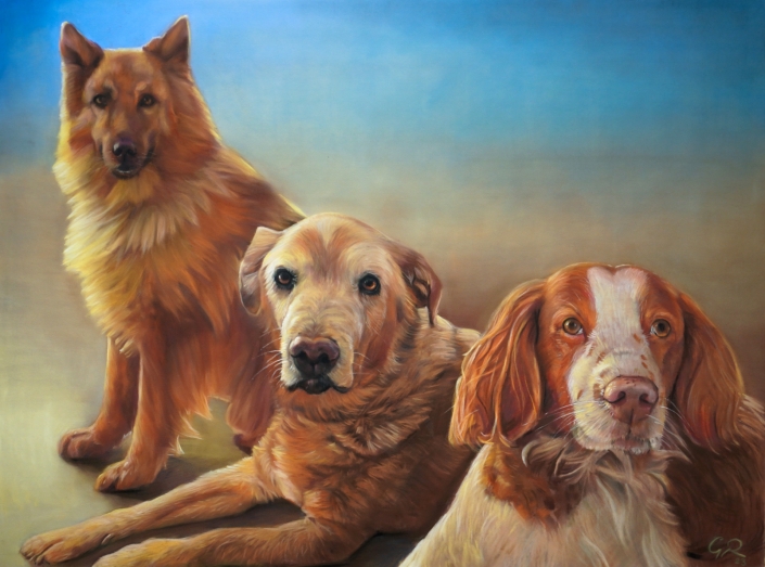 Retrato al pastel de un grupo de perritos que han formado parte de una familia
