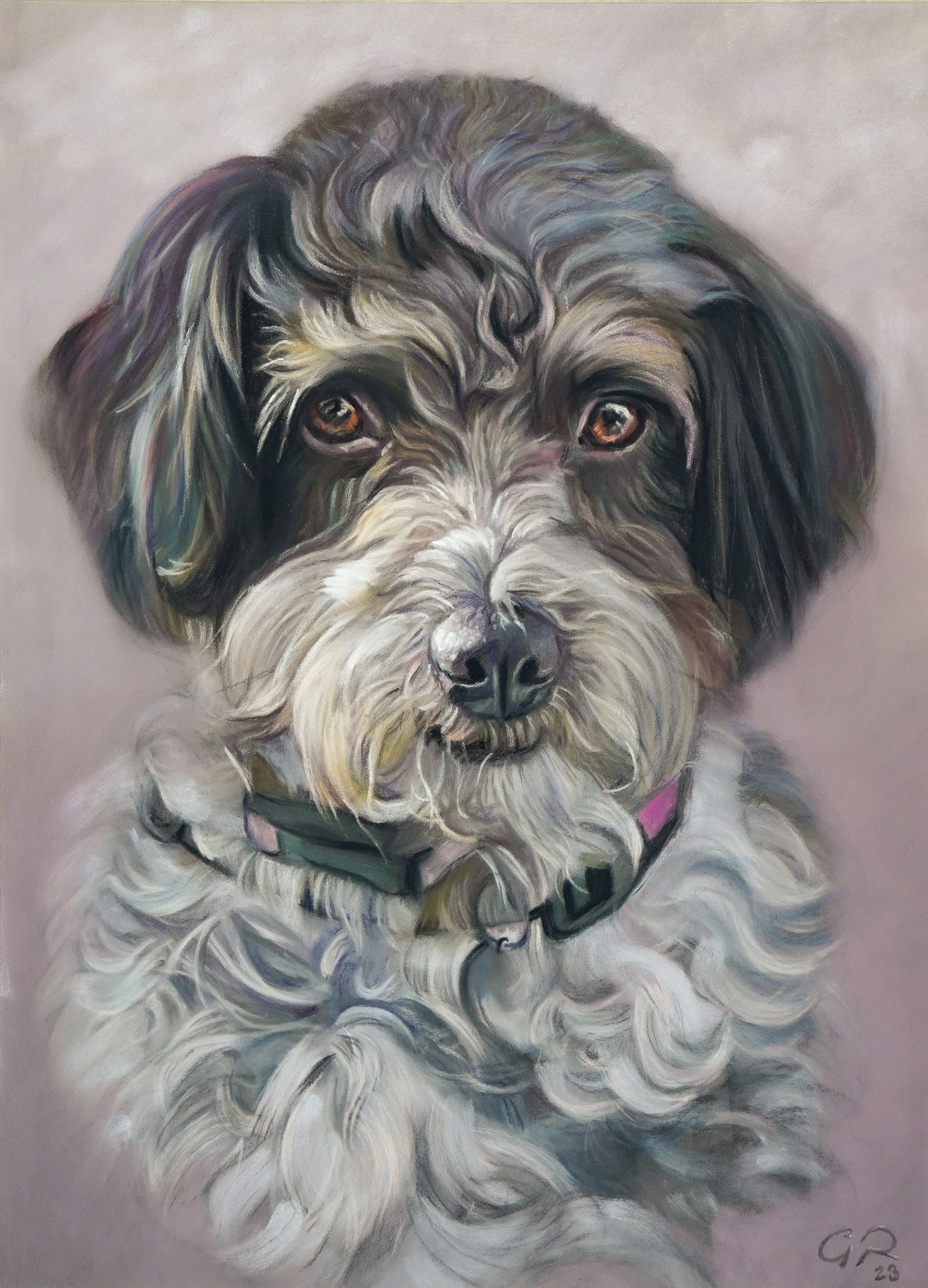 Retrato a color de un perrito realizado a mano con la técnica de pintura al pastel