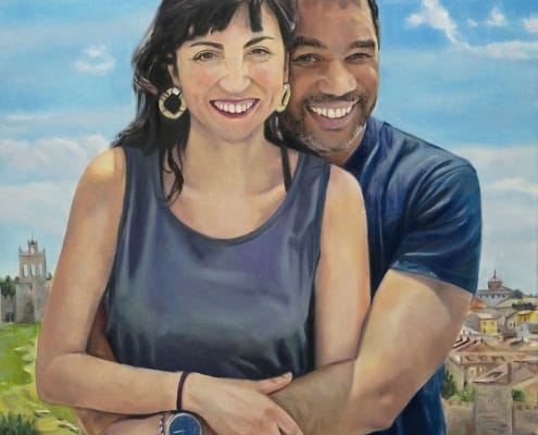 Retrato al oleo de una pareja abrazada mirando a cámara