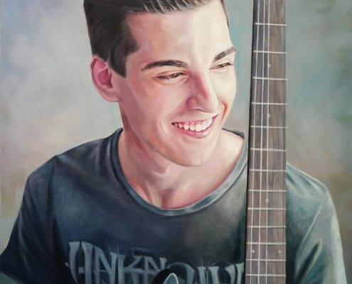 Retrato al óleo de un chico con su guitarra