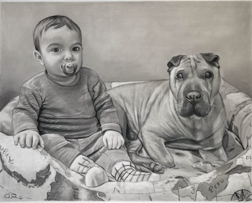 Retrato al carboncillo de un pequeño niño en la cesta de su perrito