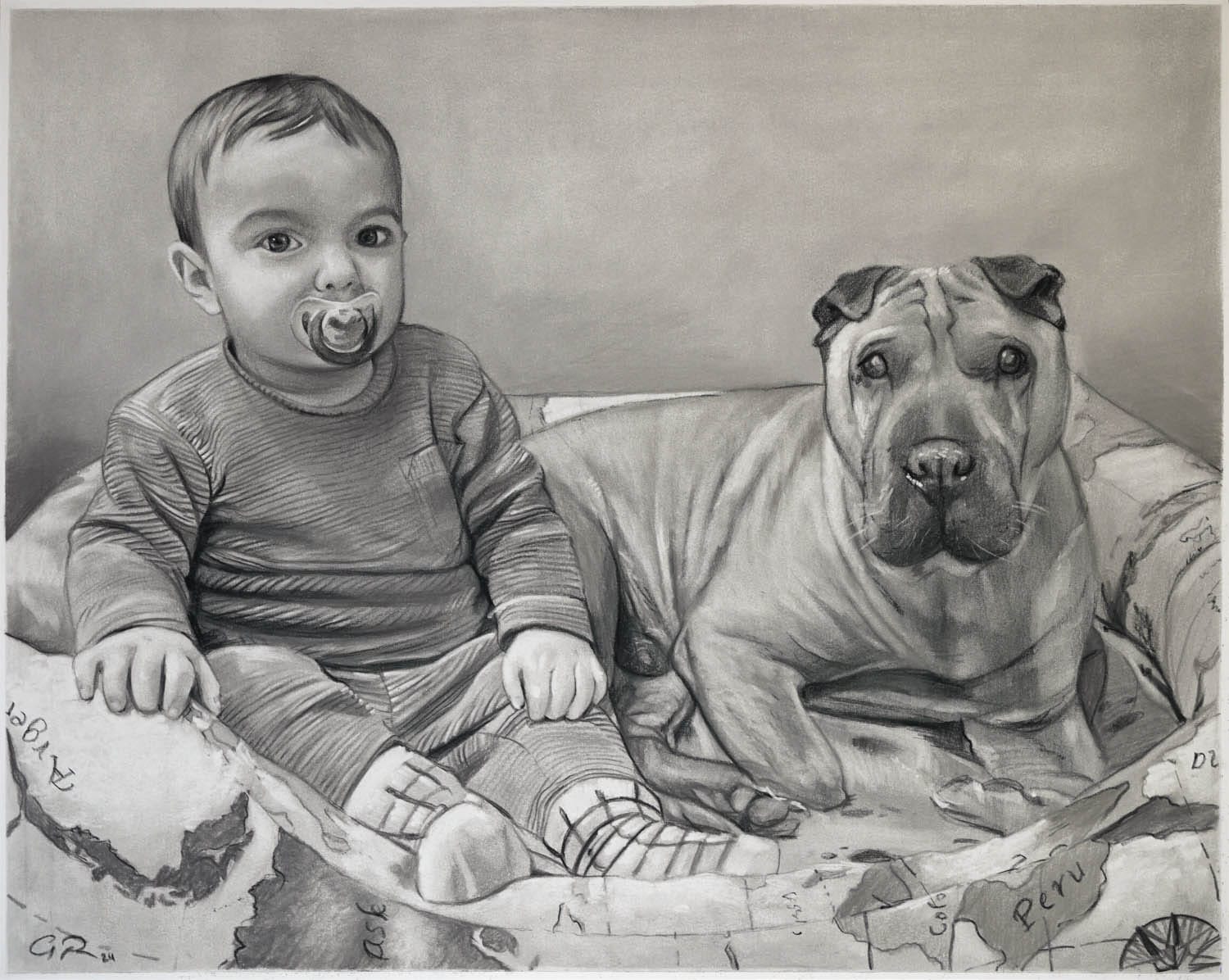 Retrato al carboncillo de un pequeño niño en la cesta de su perrito