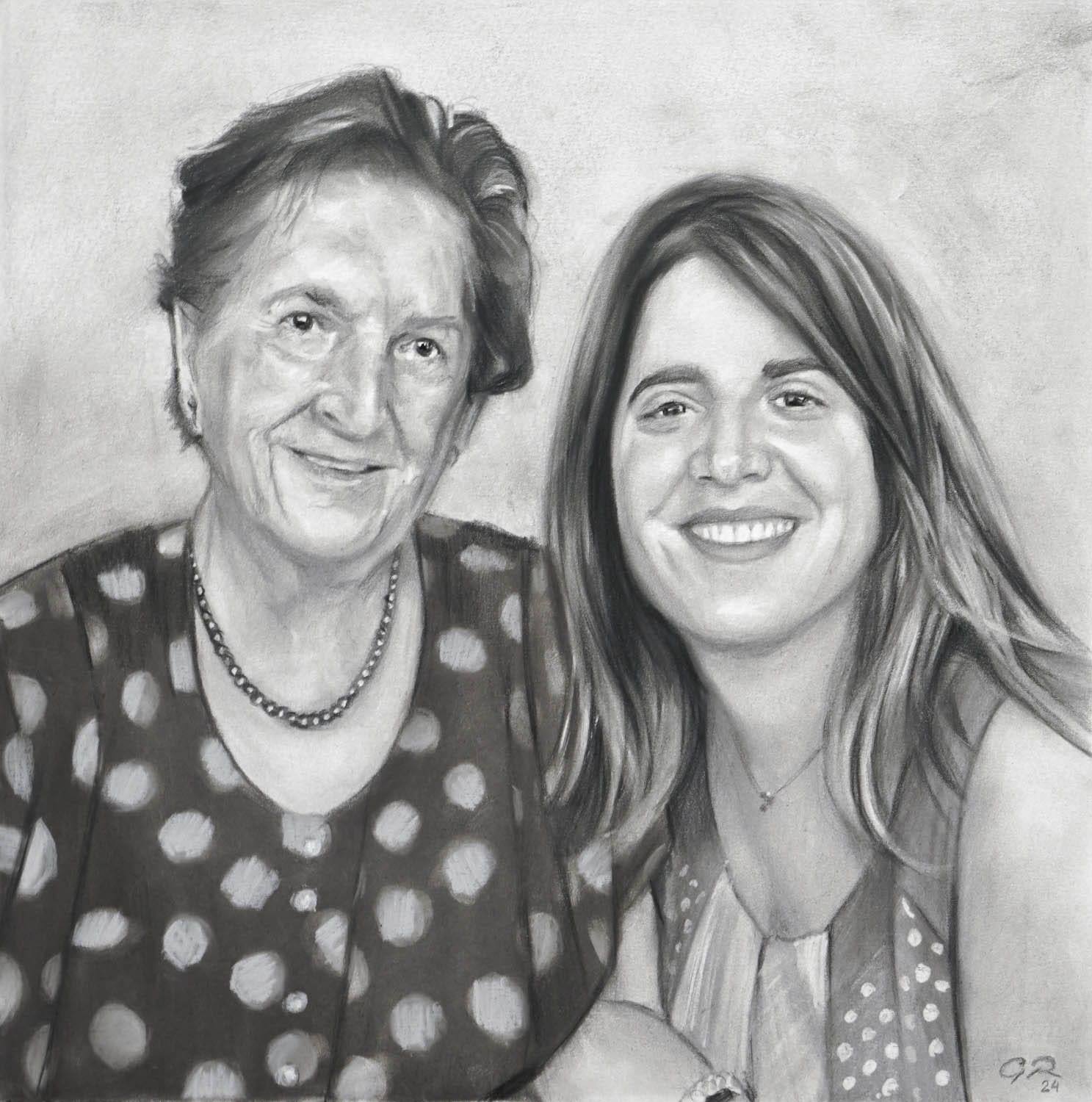 Retrato al carboncillo de una abuela y su nieta