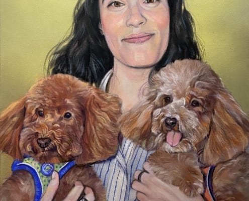 Retrato de encargo en la técnica del pastel de una chica y sus dos preciosos perros