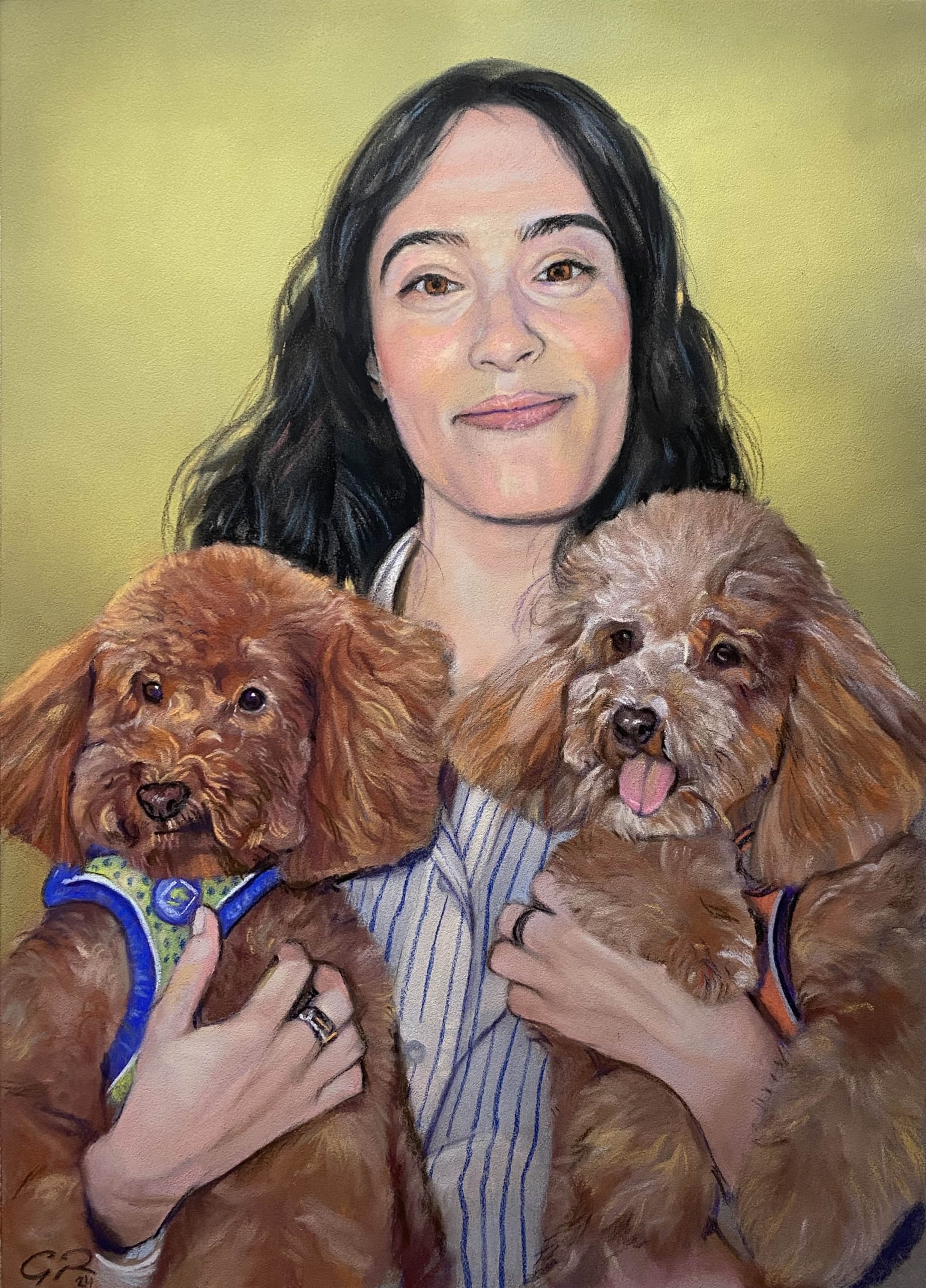Retrato de encargo en la técnica del pastel de una chica y sus dos preciosos perros