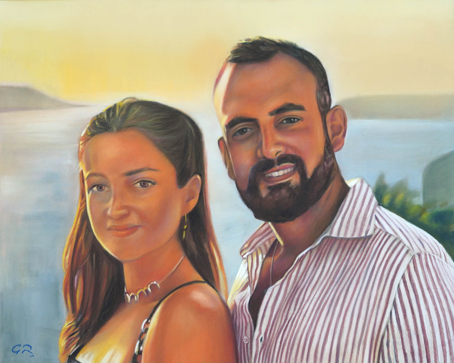 Retrato al pastel de una pareja al atardecer con colores muy cálidos