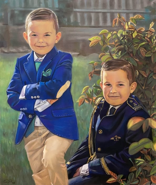 Retrato al pastel de dos niños en el jardín